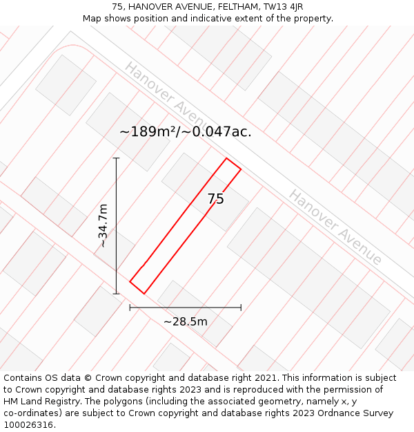 75, HANOVER AVENUE, FELTHAM, TW13 4JR: Plot and title map