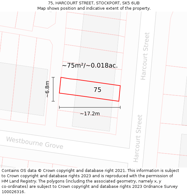75, HARCOURT STREET, STOCKPORT, SK5 6UB: Plot and title map