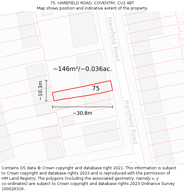 75, HAREFIELD ROAD, COVENTRY, CV2 4BT: Plot and title map