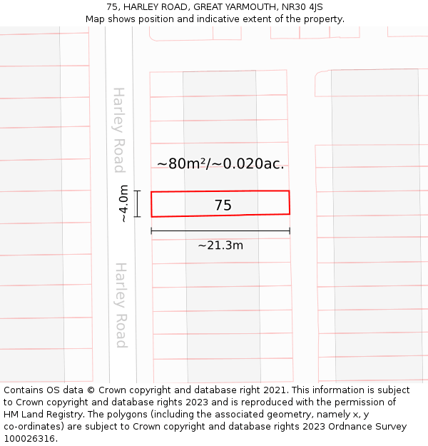 75, HARLEY ROAD, GREAT YARMOUTH, NR30 4JS: Plot and title map