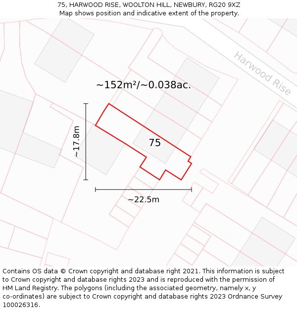 75, HARWOOD RISE, WOOLTON HILL, NEWBURY, RG20 9XZ: Plot and title map