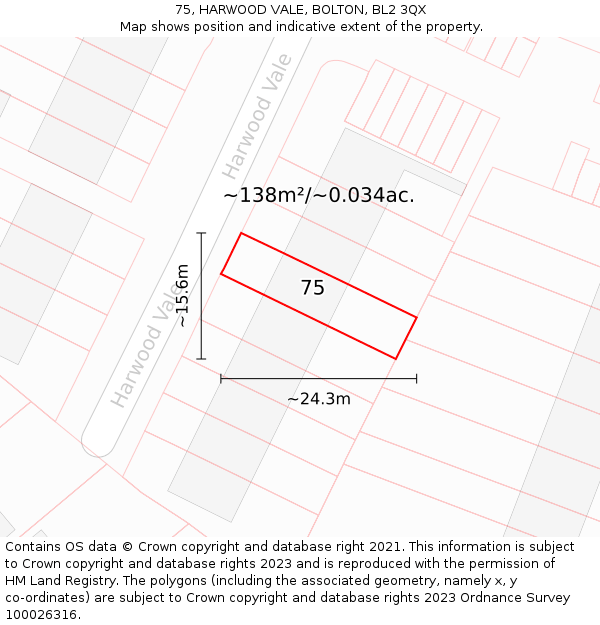 75, HARWOOD VALE, BOLTON, BL2 3QX: Plot and title map