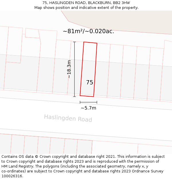 75, HASLINGDEN ROAD, BLACKBURN, BB2 3HW: Plot and title map