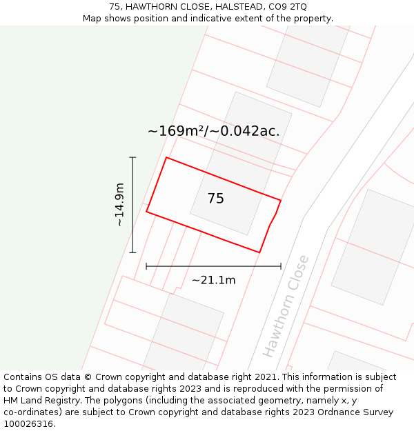 75, HAWTHORN CLOSE, HALSTEAD, CO9 2TQ: Plot and title map