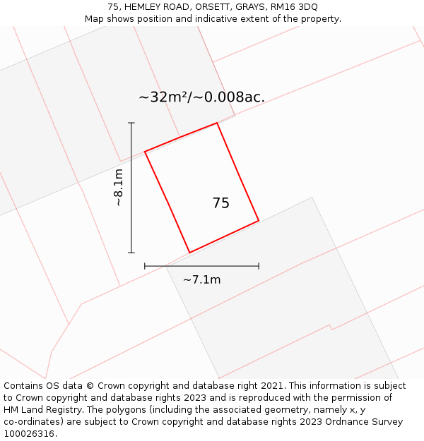 75, HEMLEY ROAD, ORSETT, GRAYS, RM16 3DQ: Plot and title map