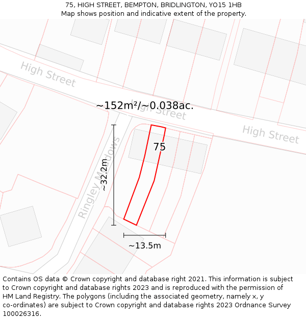 75, HIGH STREET, BEMPTON, BRIDLINGTON, YO15 1HB: Plot and title map