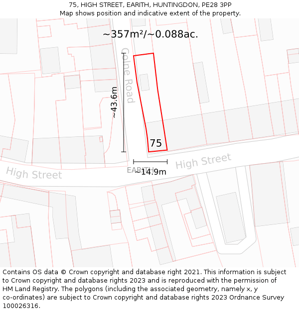 75, HIGH STREET, EARITH, HUNTINGDON, PE28 3PP: Plot and title map