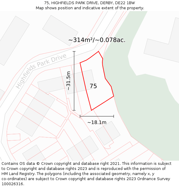 75, HIGHFIELDS PARK DRIVE, DERBY, DE22 1BW: Plot and title map