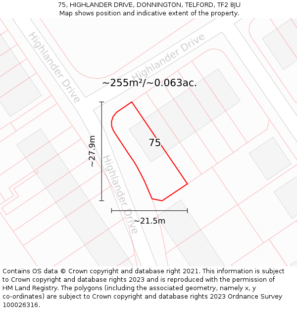 75, HIGHLANDER DRIVE, DONNINGTON, TELFORD, TF2 8JU: Plot and title map