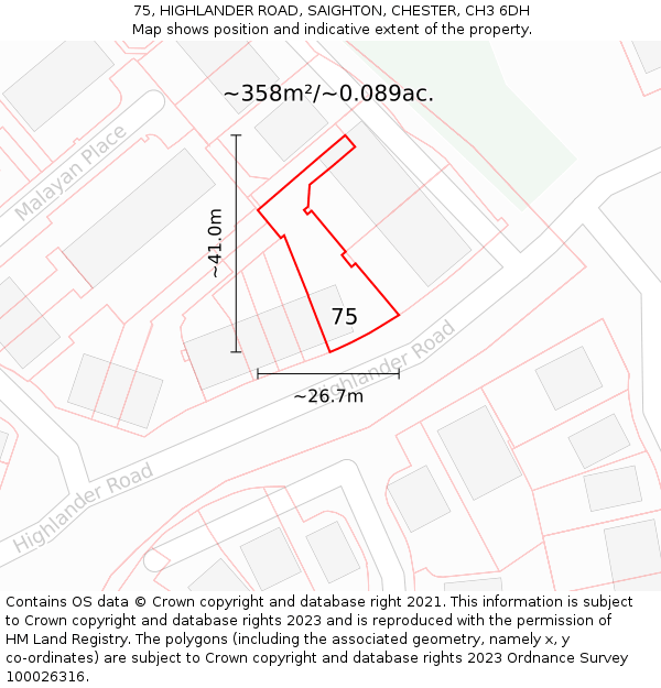 75, HIGHLANDER ROAD, SAIGHTON, CHESTER, CH3 6DH: Plot and title map