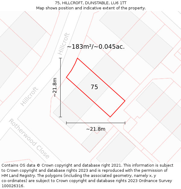 75, HILLCROFT, DUNSTABLE, LU6 1TT: Plot and title map