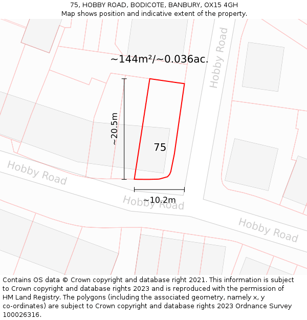 75, HOBBY ROAD, BODICOTE, BANBURY, OX15 4GH: Plot and title map