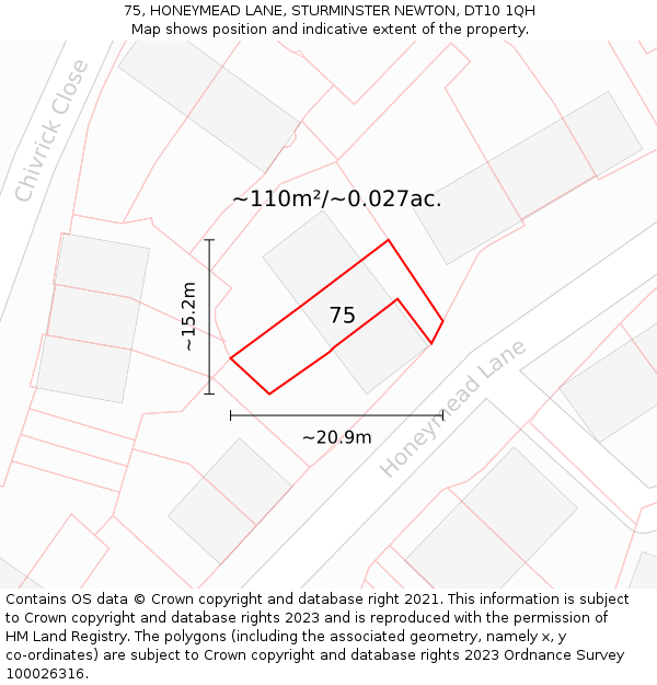 75, HONEYMEAD LANE, STURMINSTER NEWTON, DT10 1QH: Plot and title map