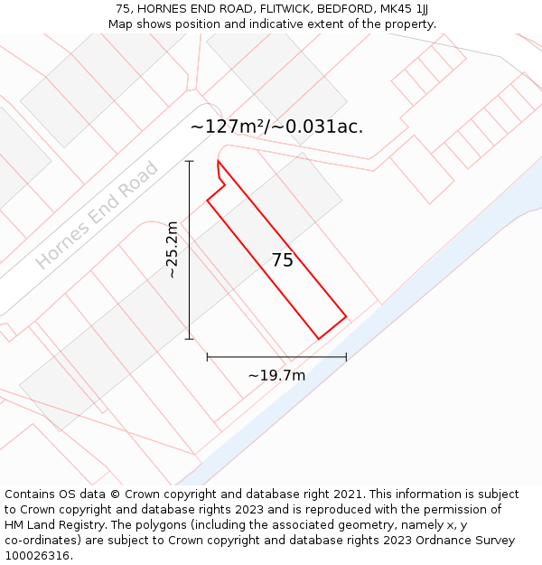 75, HORNES END ROAD, FLITWICK, BEDFORD, MK45 1JJ: Plot and title map
