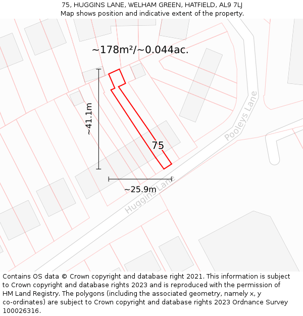 75, HUGGINS LANE, WELHAM GREEN, HATFIELD, AL9 7LJ: Plot and title map