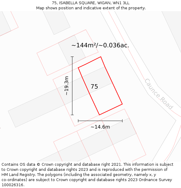 75, ISABELLA SQUARE, WIGAN, WN1 3LL: Plot and title map
