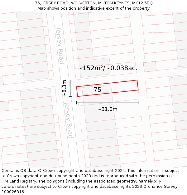 75, JERSEY ROAD, WOLVERTON, MILTON KEYNES, MK12 5BQ: Plot and title map