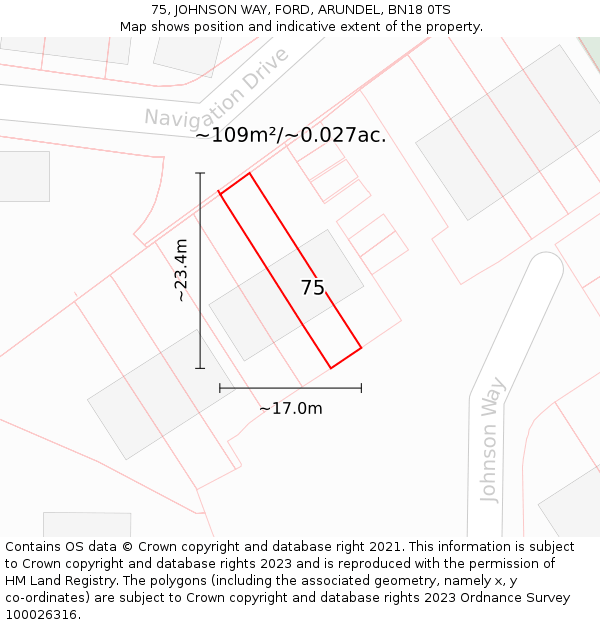 75, JOHNSON WAY, FORD, ARUNDEL, BN18 0TS: Plot and title map