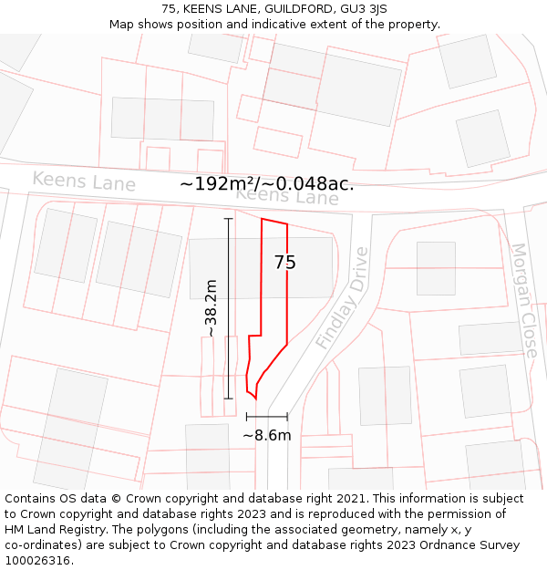 75, KEENS LANE, GUILDFORD, GU3 3JS: Plot and title map