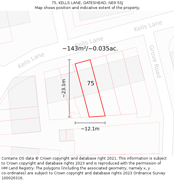 75, KELLS LANE, GATESHEAD, NE9 5SJ: Plot and title map