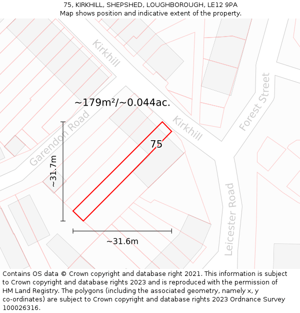 75, KIRKHILL, SHEPSHED, LOUGHBOROUGH, LE12 9PA: Plot and title map