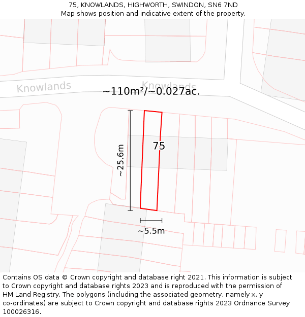 75, KNOWLANDS, HIGHWORTH, SWINDON, SN6 7ND: Plot and title map