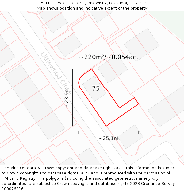 75, LITTLEWOOD CLOSE, BROWNEY, DURHAM, DH7 8LP: Plot and title map