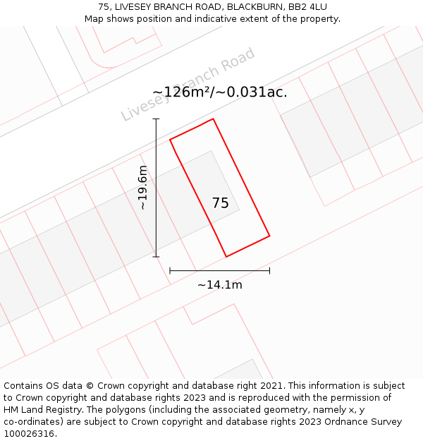 75, LIVESEY BRANCH ROAD, BLACKBURN, BB2 4LU: Plot and title map