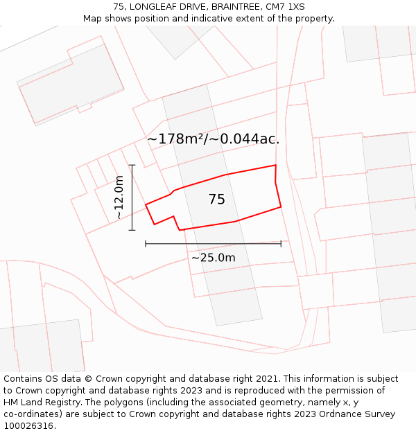 75, LONGLEAF DRIVE, BRAINTREE, CM7 1XS: Plot and title map