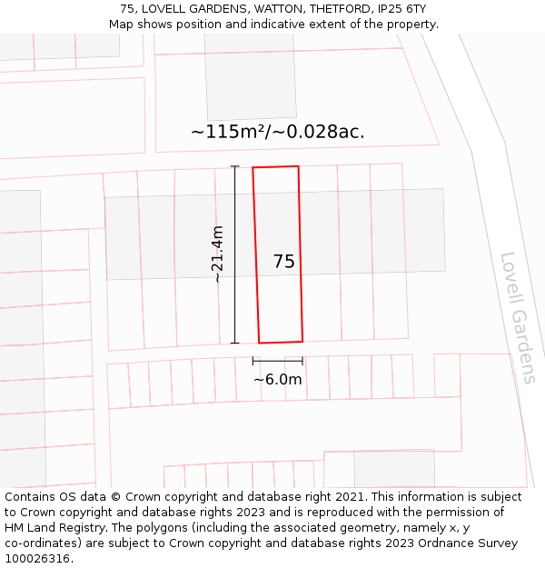 75, LOVELL GARDENS, WATTON, THETFORD, IP25 6TY: Plot and title map