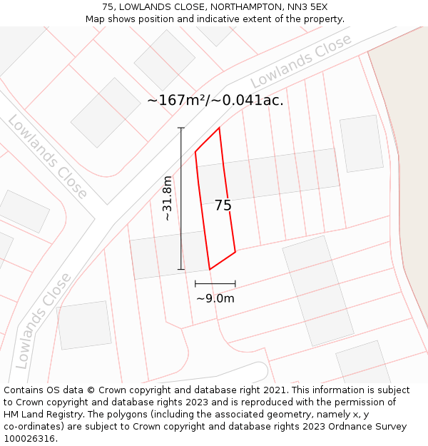 75, LOWLANDS CLOSE, NORTHAMPTON, NN3 5EX: Plot and title map