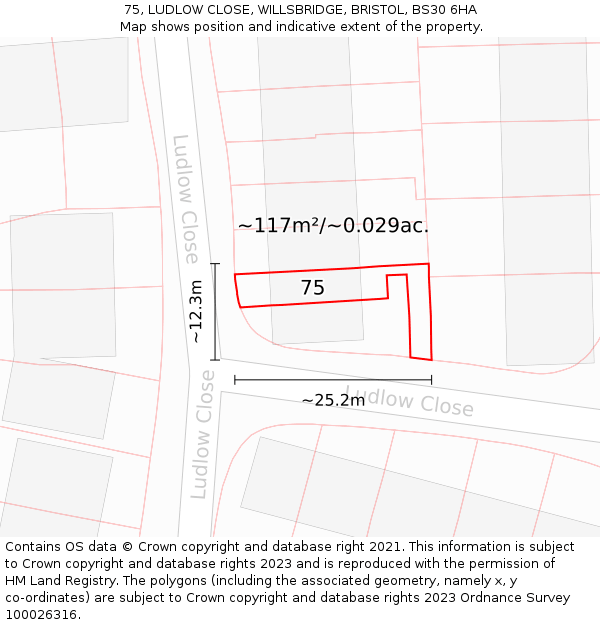 75, LUDLOW CLOSE, WILLSBRIDGE, BRISTOL, BS30 6HA: Plot and title map