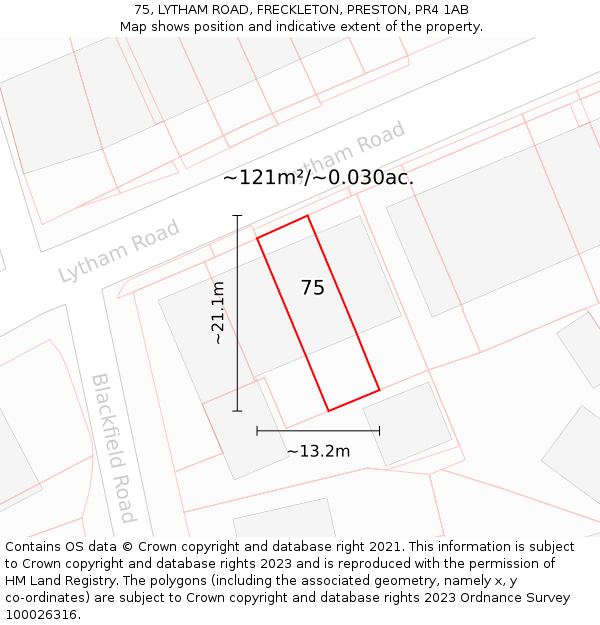 75, LYTHAM ROAD, FRECKLETON, PRESTON, PR4 1AB: Plot and title map