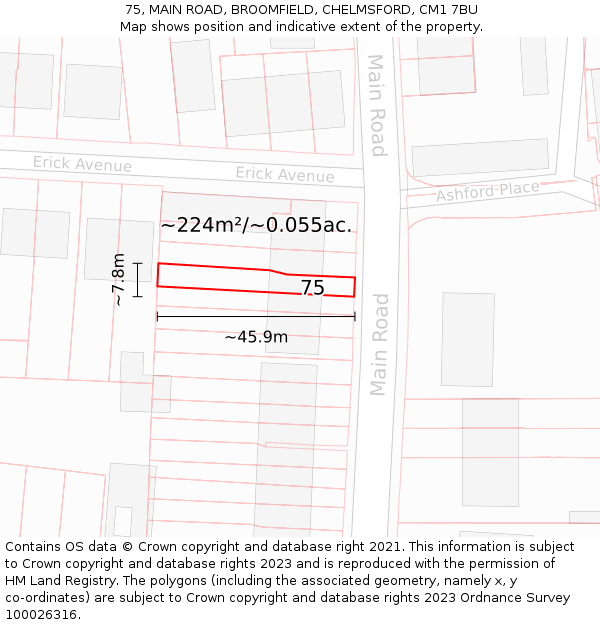 75, MAIN ROAD, BROOMFIELD, CHELMSFORD, CM1 7BU: Plot and title map