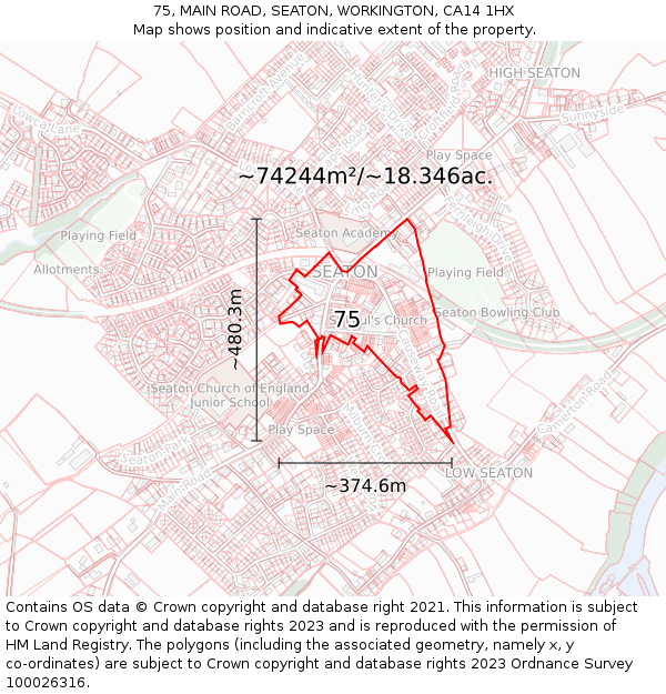 75, MAIN ROAD, SEATON, WORKINGTON, CA14 1HX: Plot and title map