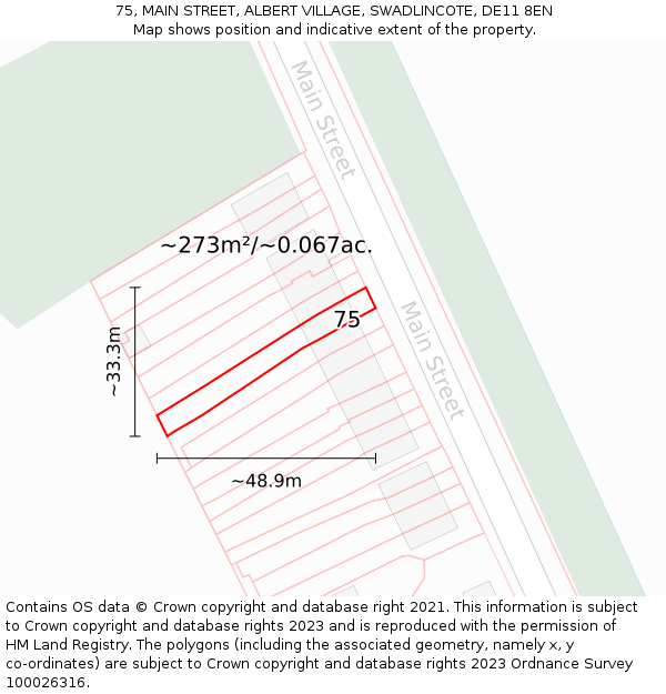75, MAIN STREET, ALBERT VILLAGE, SWADLINCOTE, DE11 8EN: Plot and title map
