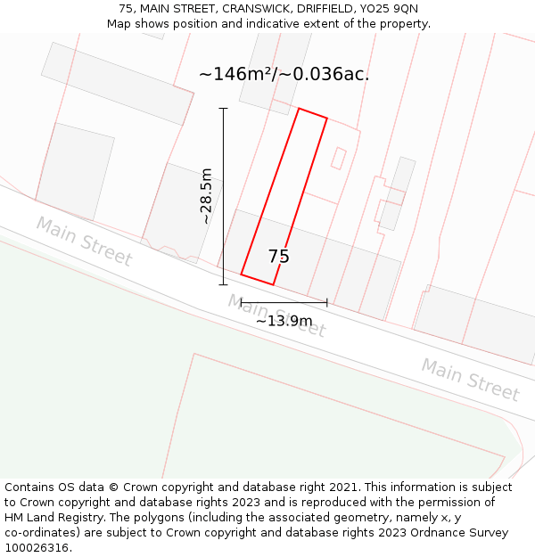75, MAIN STREET, CRANSWICK, DRIFFIELD, YO25 9QN: Plot and title map