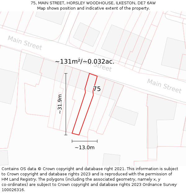 75, MAIN STREET, HORSLEY WOODHOUSE, ILKESTON, DE7 6AW: Plot and title map