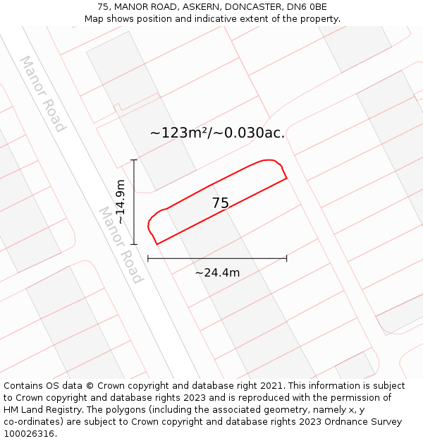 75, MANOR ROAD, ASKERN, DONCASTER, DN6 0BE: Plot and title map