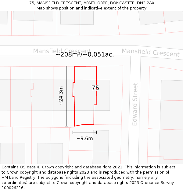 75, MANSFIELD CRESCENT, ARMTHORPE, DONCASTER, DN3 2AX: Plot and title map