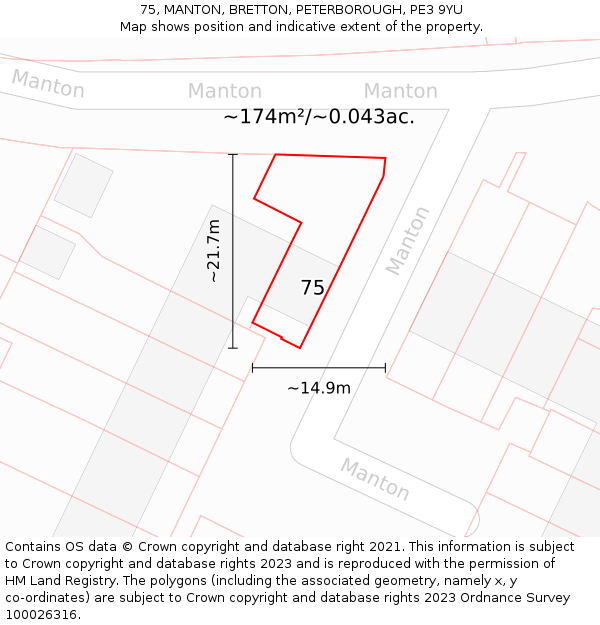 75, MANTON, BRETTON, PETERBOROUGH, PE3 9YU: Plot and title map