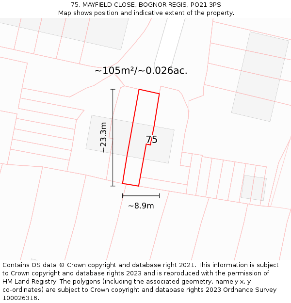 75, MAYFIELD CLOSE, BOGNOR REGIS, PO21 3PS: Plot and title map