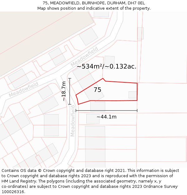75, MEADOWFIELD, BURNHOPE, DURHAM, DH7 0EL: Plot and title map