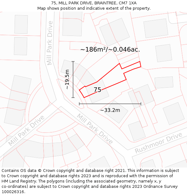 75, MILL PARK DRIVE, BRAINTREE, CM7 1XA: Plot and title map
