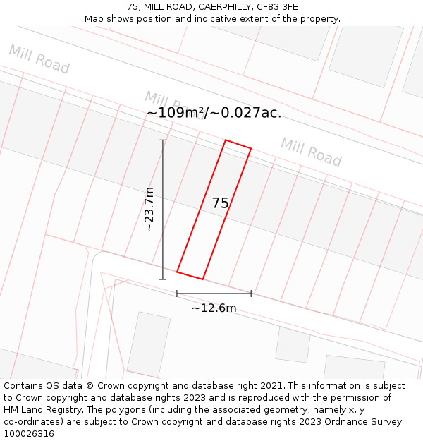 75, MILL ROAD, CAERPHILLY, CF83 3FE: Plot and title map