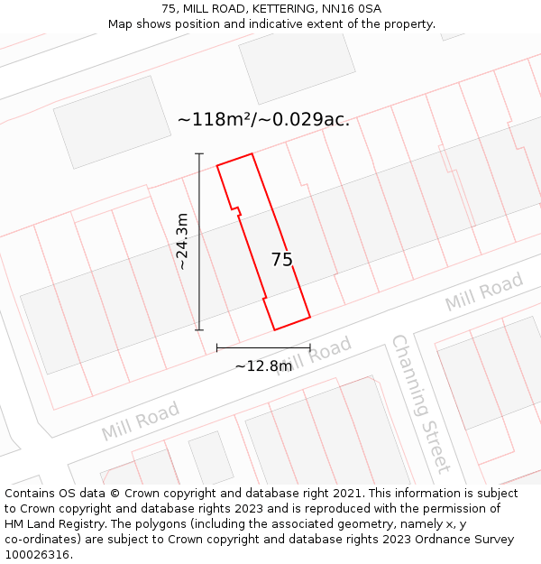 75, MILL ROAD, KETTERING, NN16 0SA: Plot and title map