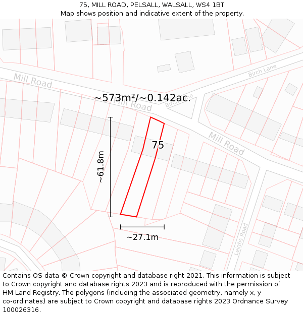 75, MILL ROAD, PELSALL, WALSALL, WS4 1BT: Plot and title map