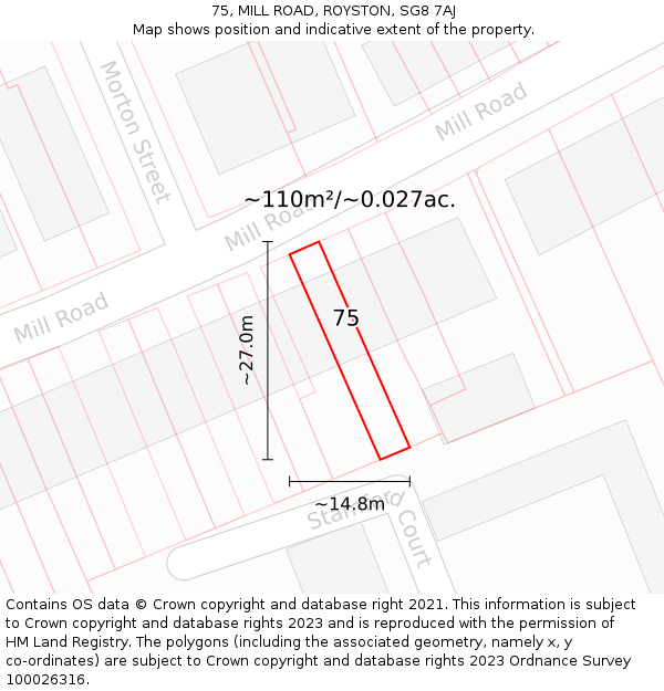 75, MILL ROAD, ROYSTON, SG8 7AJ: Plot and title map