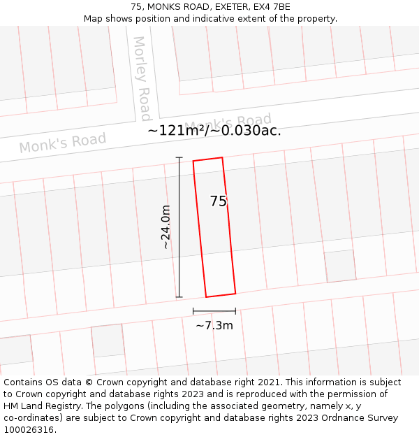 75, MONKS ROAD, EXETER, EX4 7BE: Plot and title map