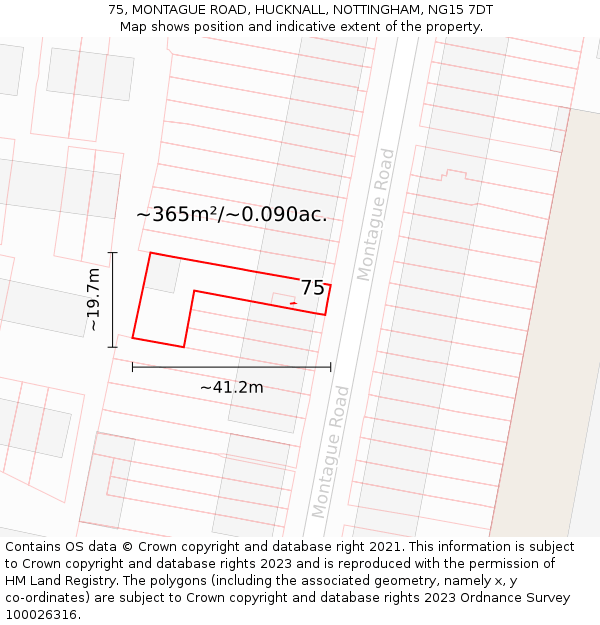 75, MONTAGUE ROAD, HUCKNALL, NOTTINGHAM, NG15 7DT: Plot and title map